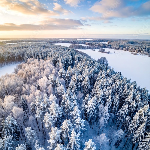 Aerial view of snow-covered forest and frozen river at sunrise