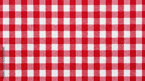 Patterned red and white gingham cloth texture for picnic background.