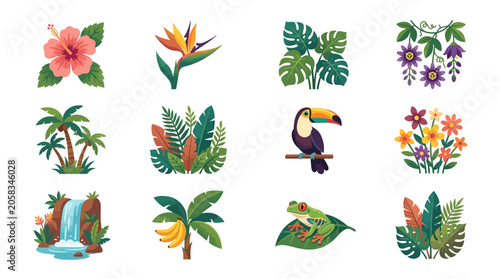 Playful Toucan Animation, Tropical Flowers, Jungle Scene, Vector Art, Colorful, Fun