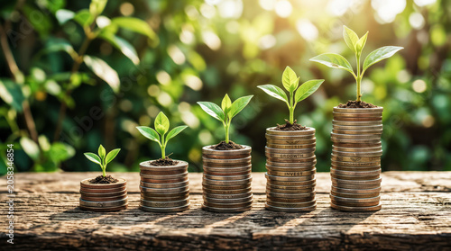 Small Green Plants Growing on Stacks of Coins for Financial Success