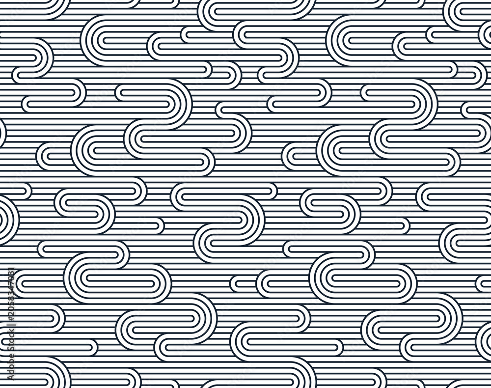 Fototapeta premium Linear seamless pattern, vector stripy geometric abstract background, tiling art runny dynamic lines, funky endless retro wallpaper.