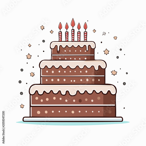 Three Tier Chocolate Birthday Cake with Candles and Confetti