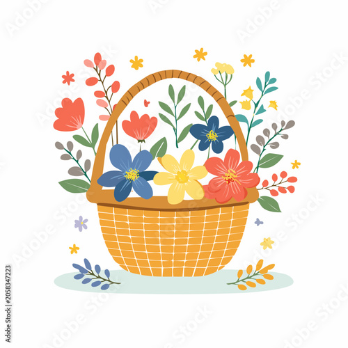 Woven Basket Filled with Colorful Spring Flowers and Greenery