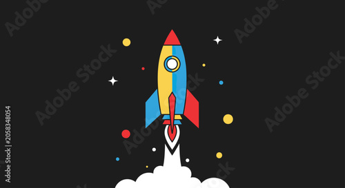 Colorful space rocket launch against black starry background.