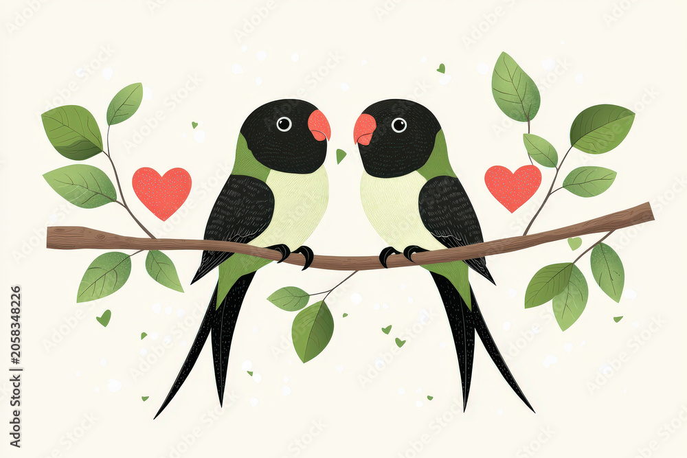 Obraz premium Lovebird branch heart leaf playful bird couple green two lovebirds sitting on branch with heart leaf playful scene