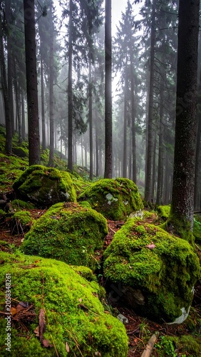Misty forest scene with moss-covered boulders among tall trees