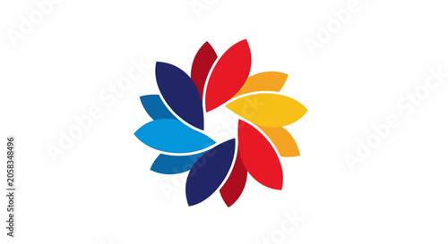 Colorful circular petal logo with overlapping shapes.