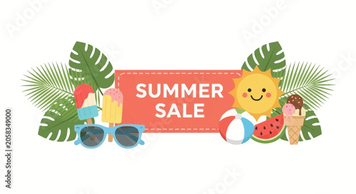 Summer Sale Promotional Banner with Tropical Leaves, Ice Cream, Sun, and Beach Elements Vector Illustration
