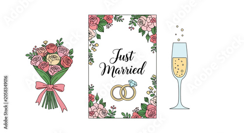 Wedding Illustration Set with Bouquet, Just Married Card, and Champagne Glass. Floral Bridal Design for Invitations and Celebrations.