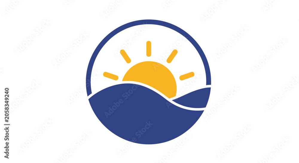 Fototapeta premium Circular sun rising over ocean waves logo.