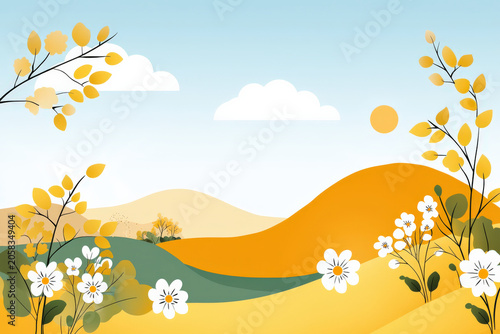 Spring hill warm sunshine blooming flora flat design serene landscape flower leaf branch sky cloud Serene spring hill with warm sunshine