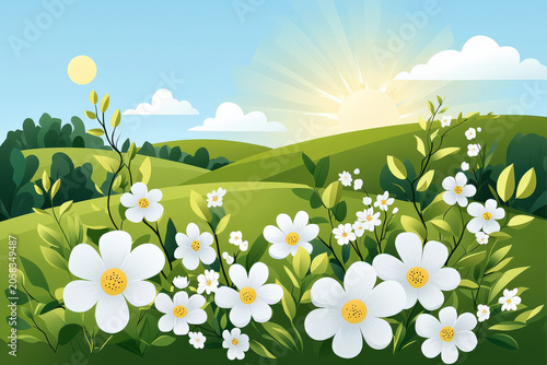 Spring hill sunshine flower flora meadow landscape flat design blossom green field sky spring hill meadow with warm sunshine, blooming white
