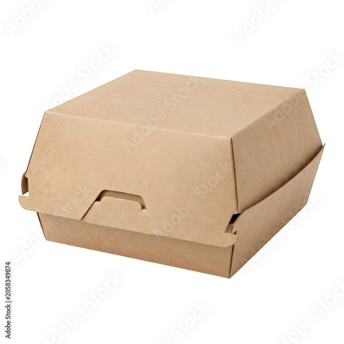 Closed brown cardboard burger box for takeaway food isolated on transparent background