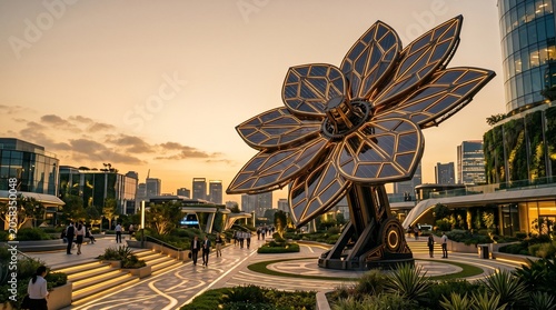 Modern solar panel flower sculpture, sustainable energy art installation in an urban park, futuristic cityscape with green architecture, renewable power technology for environmental conservation.