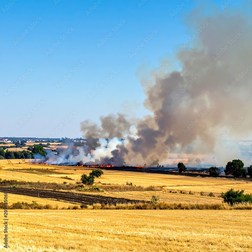 Fototapeta premium Industrial smoke stack emitting white vapor in rural field.