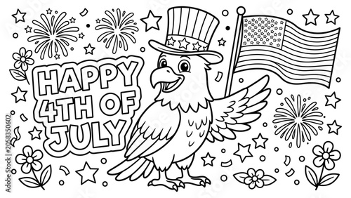 Coloring page featuring a cute cartoon eagle holding an American flag for Happy 4th of July celebration