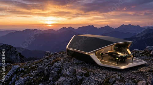 Futuristic drone charging station, a sleek black and gold solar-powered drone hub, advanced technology in a rugged mountain landscape, innovative aerial photography equipment for outdoor