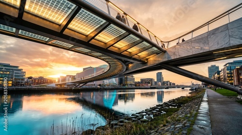 Modern urban bridge over tranquil river at sunset, contemporary city architecture, vibrant sky reflection, pedestrian walkway, evening cityscape