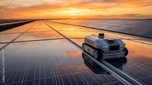 Automated solar panel cleaning robot, advanced photovoltaic maintenance technology. Sustainable energy solution for efficient solar farm operation, clean power generation.