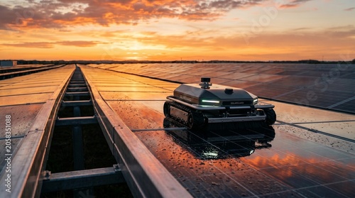 Autonomous solar panel cleaning robot, advanced robotic cleaner maintaining photovoltaic modules, sustainable energy technology, efficient solar farm maintenance solution.