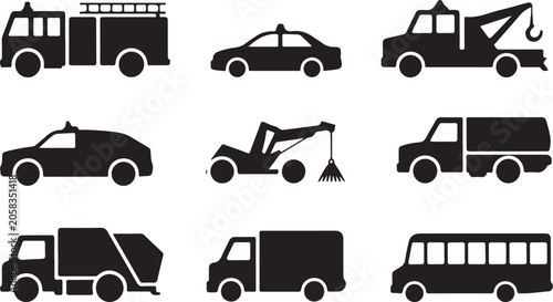 Foto Set of nine black utility and service vehicles icons