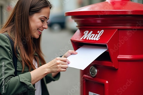 Woman dropping a letter into a red mailbox labeled Mail symbolizing mail delivery and communication.