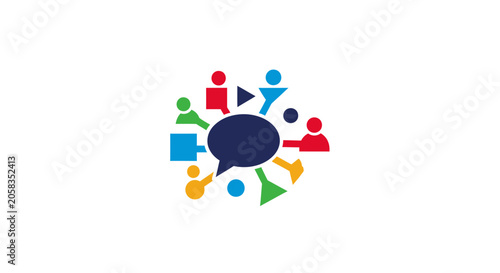 Circular group of people figures around speech bubble.