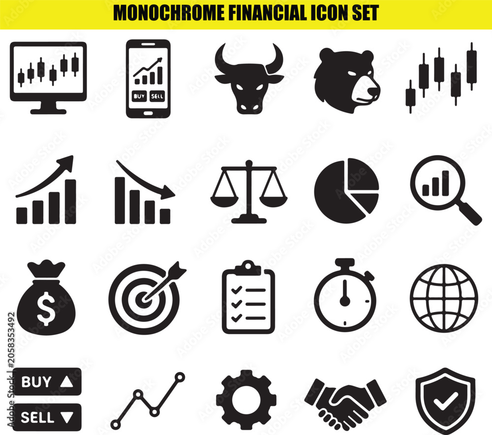 Obraz premium Monochrome financial icon set containing various business objects and elements on transparent background.