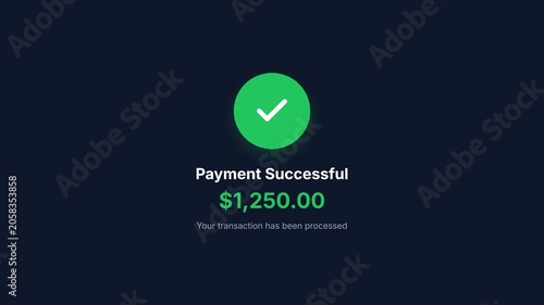 Payment confirmation screen, green checkmark, dark blue background, successful payment message, $1,250.00, symbolizing successful transaction, online payment.