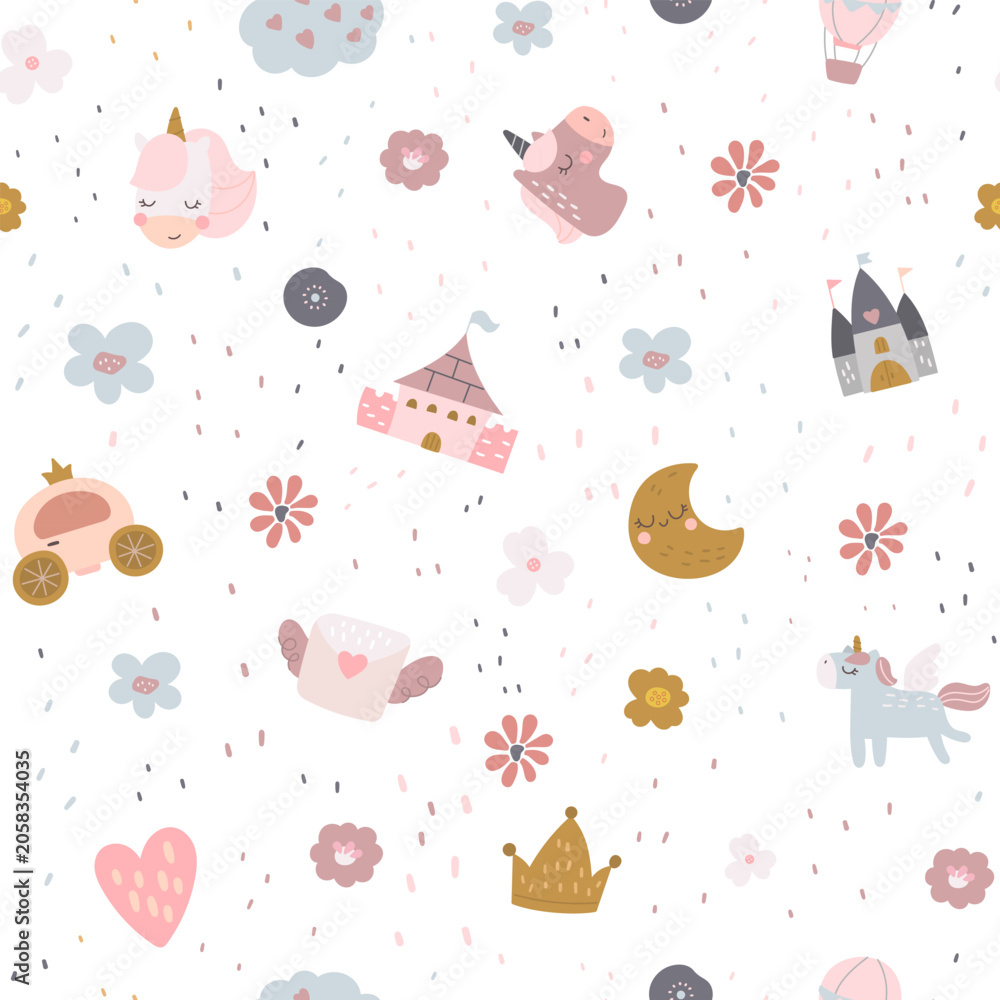 Naklejka premium Fairytale seamless pattern set featuring unicorn castle flower moon crown cloud heart blossom star dot nursery fantasy magic wallpaper textile