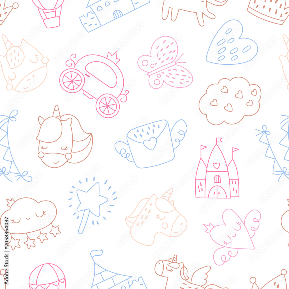 Naklejka premium Fairytale seamless pattern set featuring unicorn carriage castle cloud balloon crown winged heart butterfly flower moon outline sketch nursery fantasy