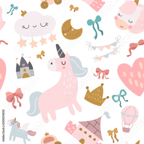 Fairytale seamless pattern set featuring unicorn castle ribbon crown balloon heart bow wing flower carriage nursery fantasy magic wallpaper textile