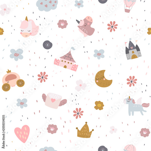 Fairytale seamless pattern set featuring unicorn castle flower moon crown cloud heart blossom star dot nursery fantasy magic wallpaper textile