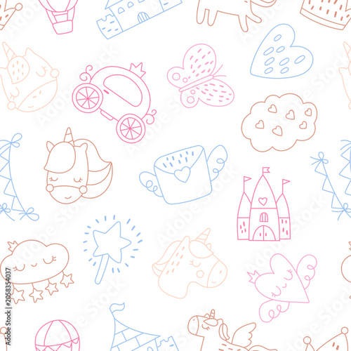 Fairytale seamless pattern set featuring unicorn carriage castle cloud balloon crown winged heart butterfly flower moon outline sketch nursery fantasy