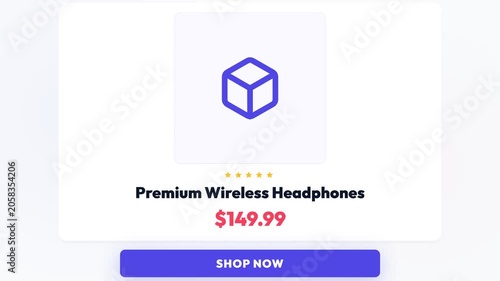 Online shopping advertisement, vibrant blue and white graphics with shopping cart and headphones, dynamic motion with pricing and call-to-action buttons, symbolizing e-commerce and online retail