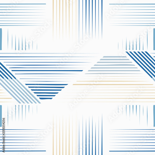 Geometric lines dance across clean, bright canvas. Triangles and stripes in blue and gold create visual rhythm. Pattern repeats seamlessly, ideal for modern designs. Minimalist style evokes calm