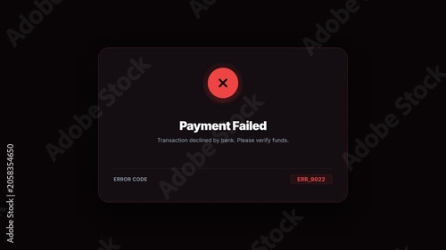 Payment processing error sequence, dynamic transaction failure animation with payment failed messages and error codes on black background, symbolizing online payment issues, transaction errors
