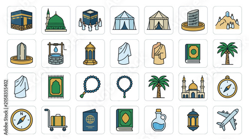 Photos A collection of colorful flat vector icons representing Hajj and Umrah pilgrimage symbols