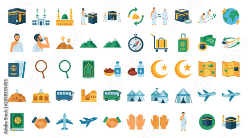 Tableau sur toile A comprehensive collection of flat vector icons representing Hajj and Umrah pilgrimage rituals and travel essentials