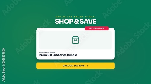 Premium groceries bundle animation, shopping icon with discounts, online shopping background, symbolizing savings.