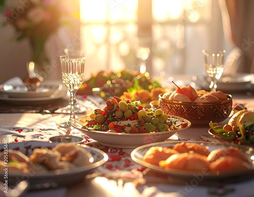 A table set for a meal with various dishes and glasses (1)