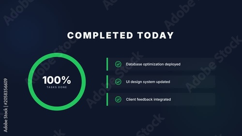 Progress bar animation, increasing percentage from 0 to 100 percent, with checklist, symbolizing productivity, efficiency, and task completion