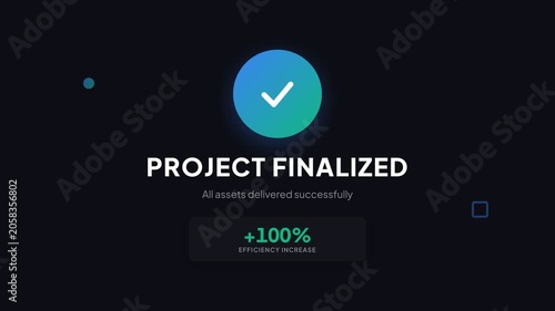 Project completion animation, colorful geometric shapes appearing with text 'Project Finalized' and efficiency increase percentages, symbolizing success, achievement, and business productivity