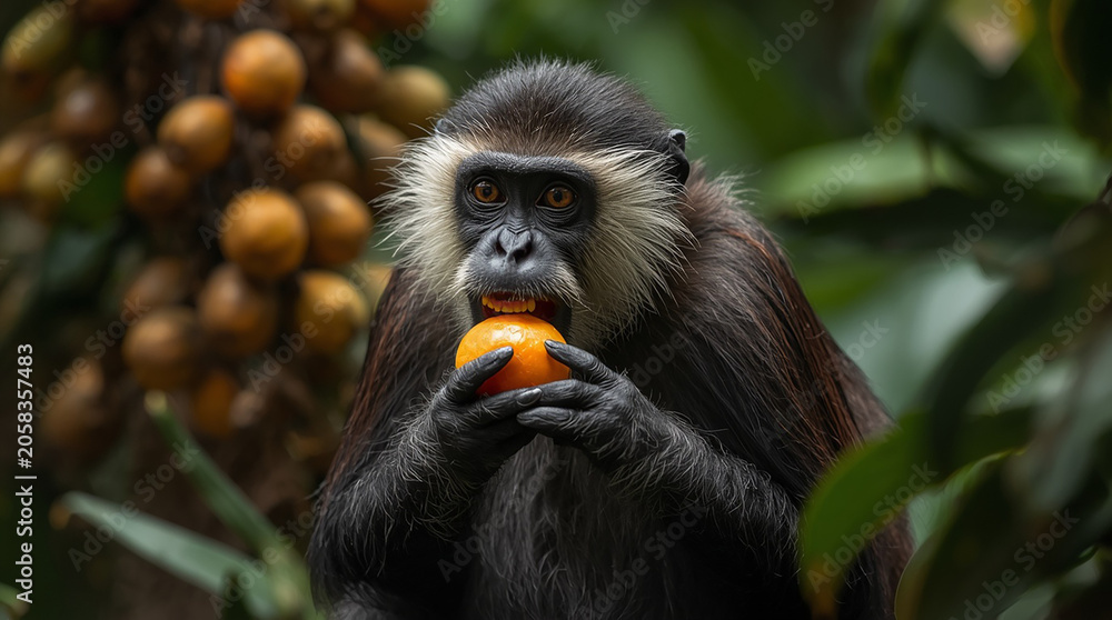 Naklejka premium Wildlife Documentary Concept Featuring Feeding Primate