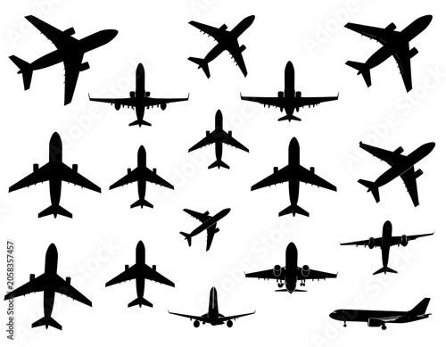 A collection of 17 black airplane silhouettes on a white background