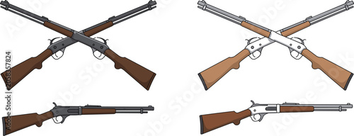 Bild auf Leinwand Two pairs of antique lever action rifles displayed crossed and individually on w