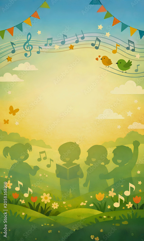 Obraz premium Whimsical illustration of children singing in a flowery meadow with musical notes and colorful bunting