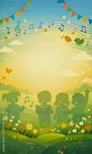 Whimsical illustration of children singing in a flowery meadow with musical notes and colorful bunting