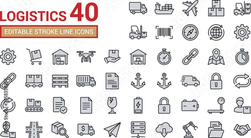 Editable stroke line icons representing logistics and delivery services with a clean modern aesthetic