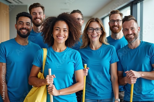 Happy Janitors in Blue Shirts Showcasing Cleaning Tools